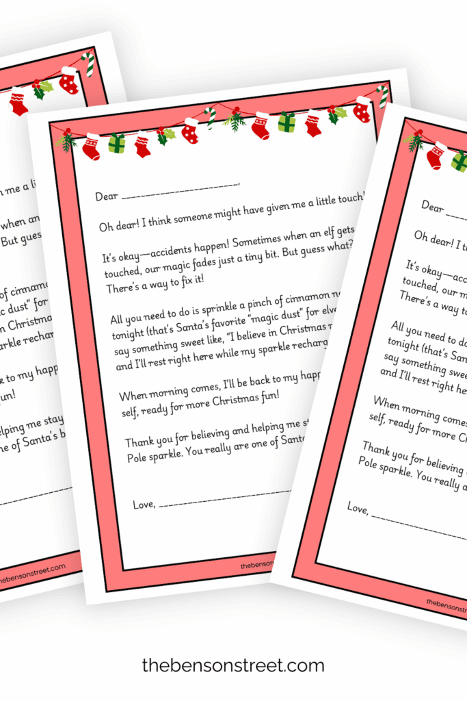 Three pages of a free printable elf touched letter