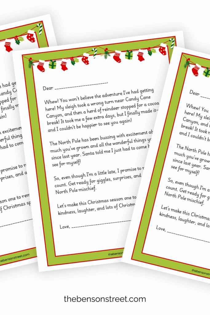Three pages of a late arrival elf letter in a fanned out stack