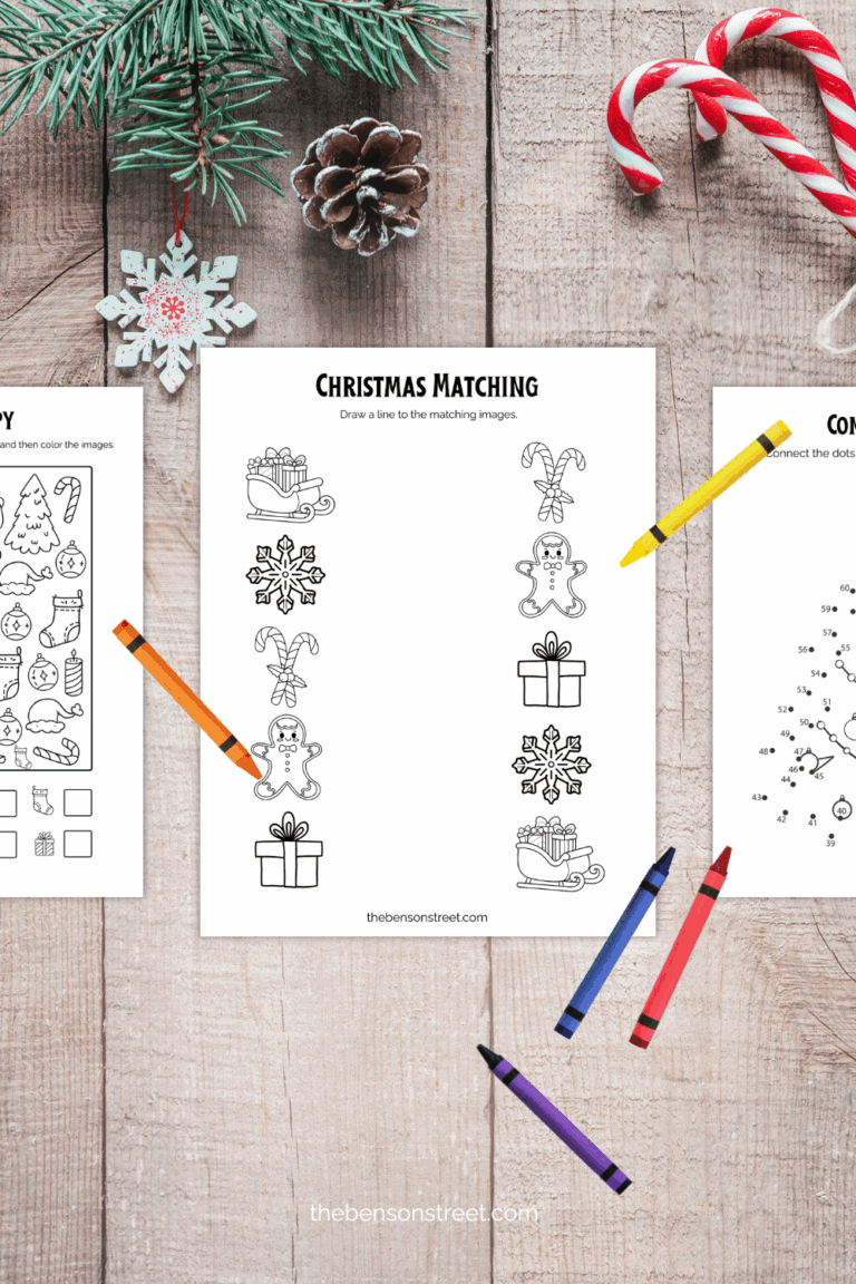 Three pages of kids activities with a Christmas theme and crayons on