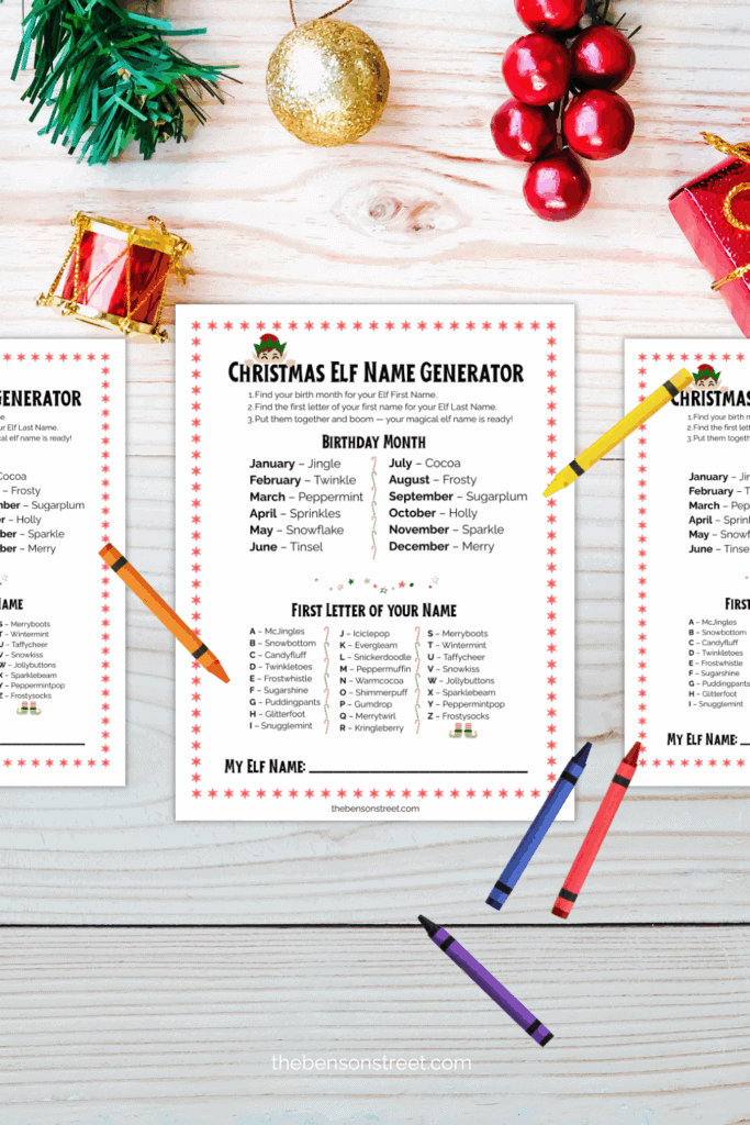 Three printed out sheets of a christmas elf name generator with crayons on top 