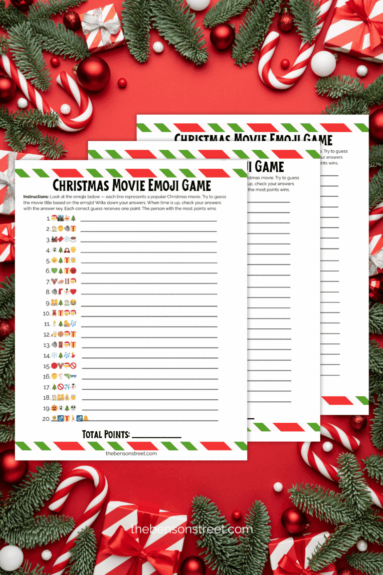 Three printed out sheets of a christmas emoji game to play with friends and family
