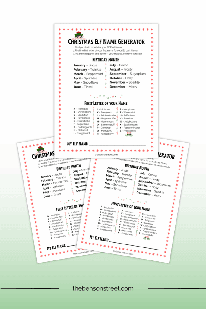 Three printed out sheets of christmas elf name generator