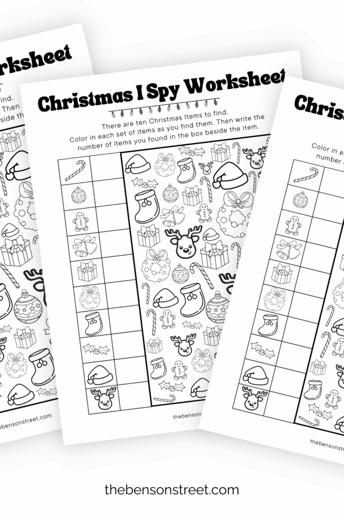 Three printed sheets of Christmas I Spy Worksheets free printable