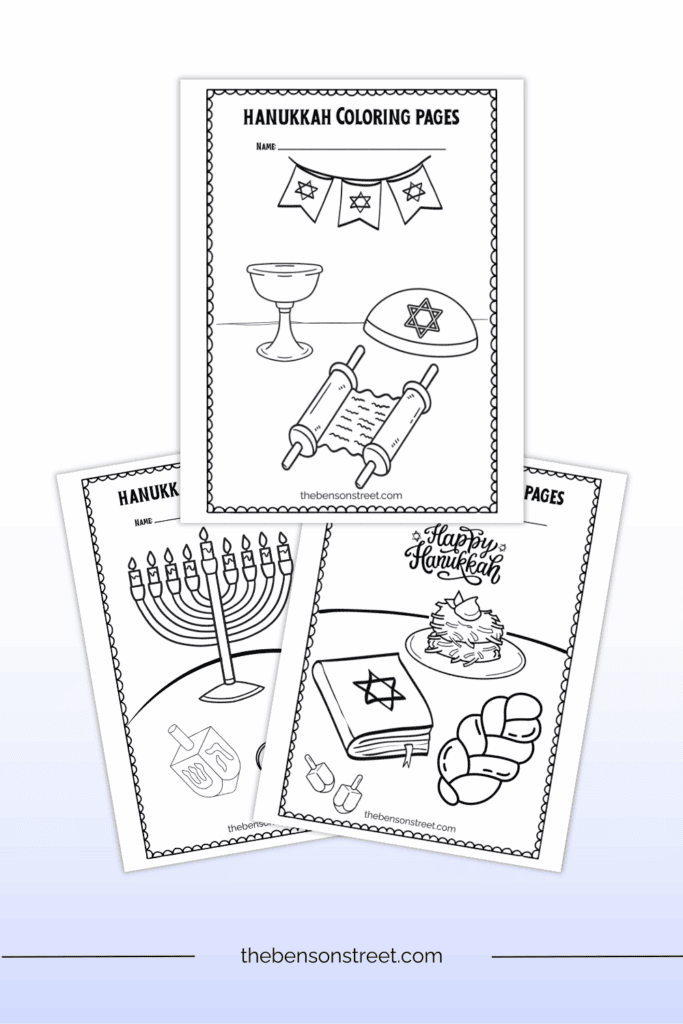 Three sheets in a staggered stack of coloring pages for the jewish holiday season