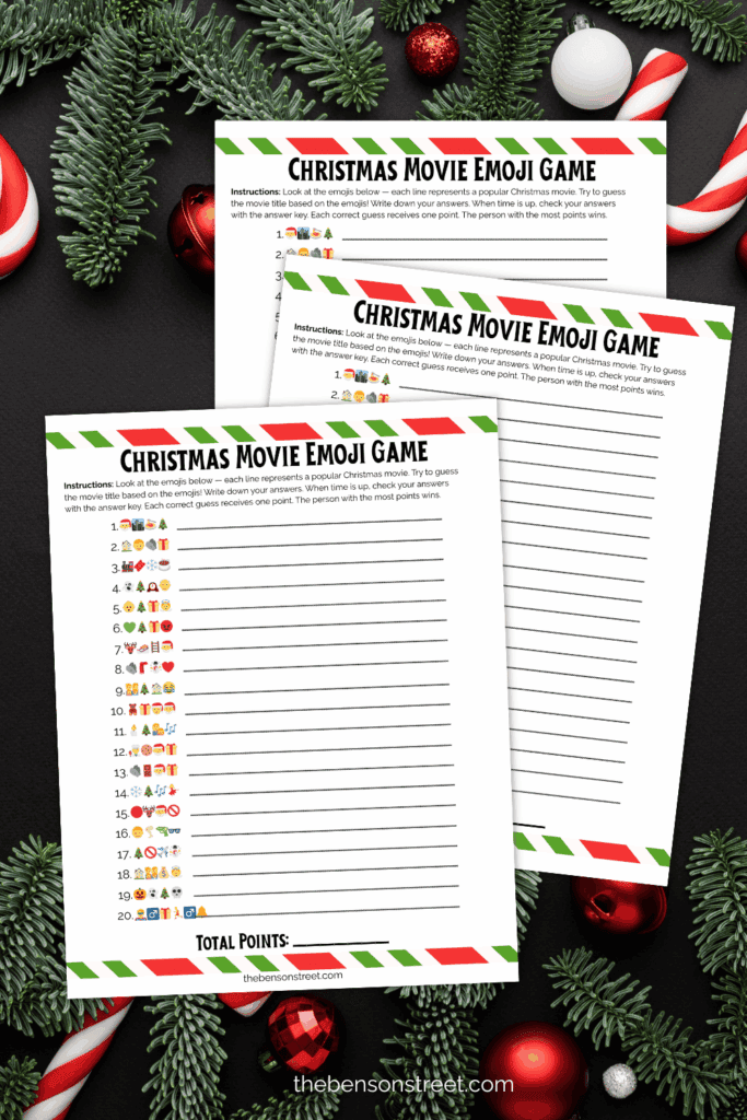 Three sheets of a christmas movie trivia game