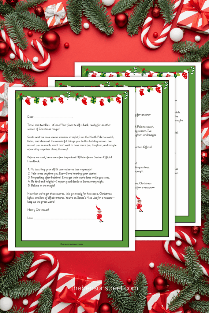 Three sheets of an elf welcome back letter