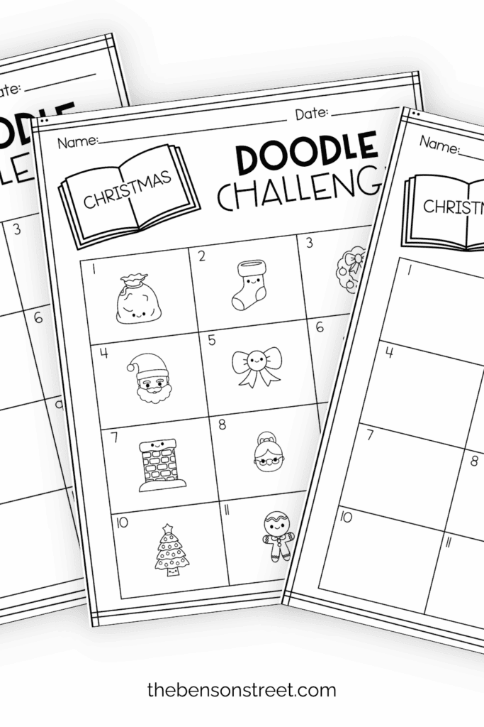 Three sheets of christmas doodle prompts in a fanned stack to print out