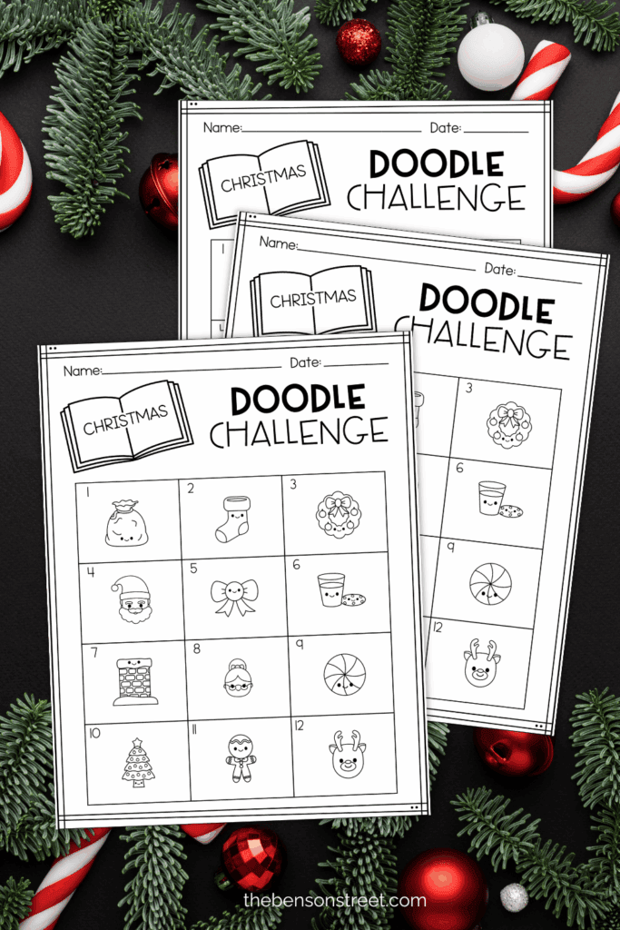 Three sheets of drawing prompts for christmas drawing