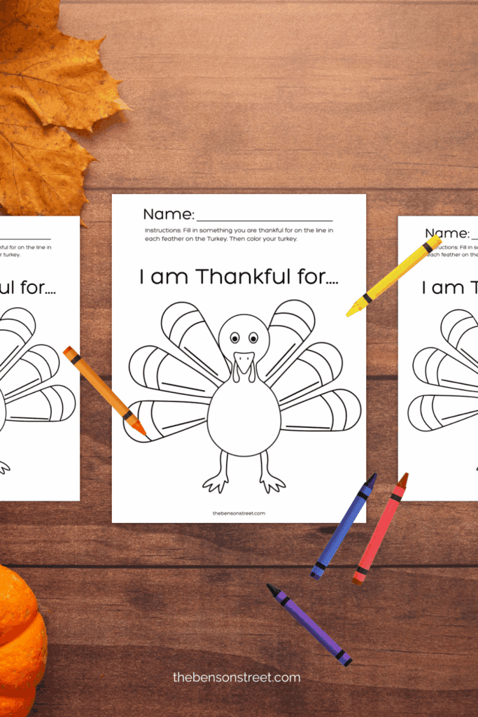 Three sheets with crayons for kids to make a thankful turkey craft for Thanksgiving