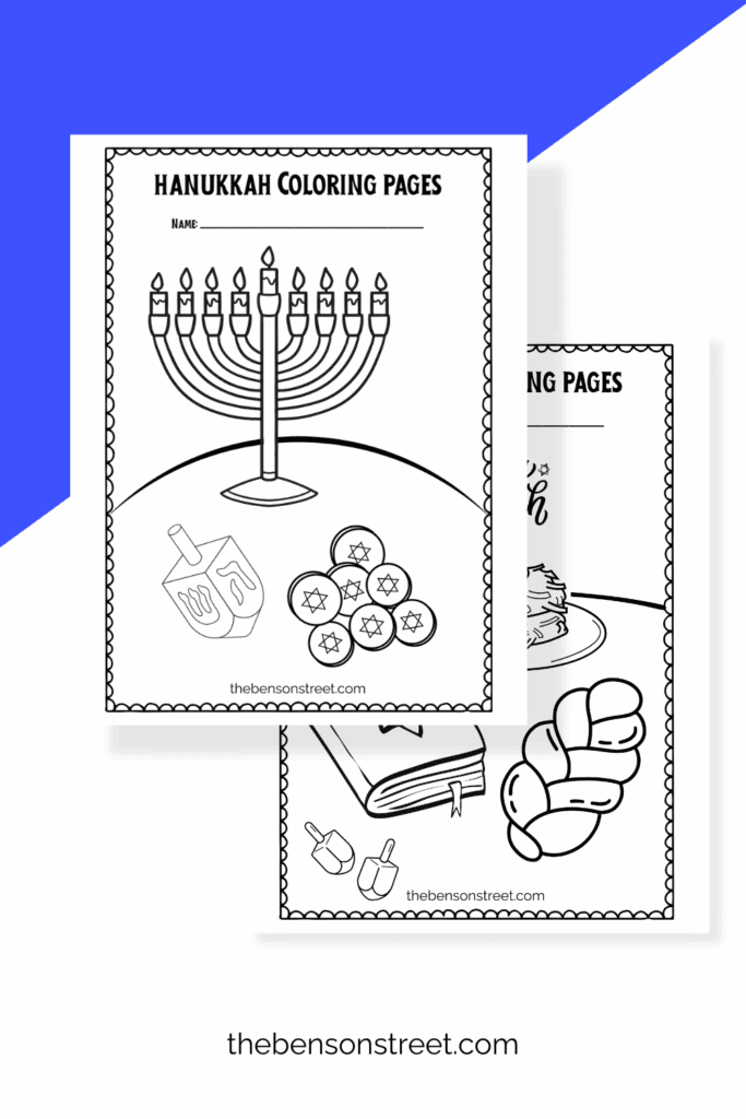 Two printable coloring sheets with hanukkah related pictures 