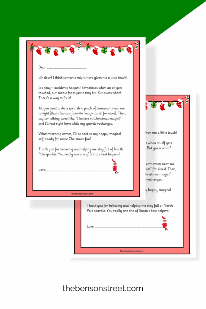 Two printed out sheets of free printable elf on the shelf touched letters