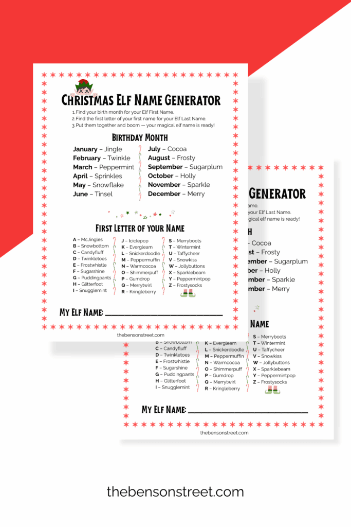Two sheets of an what's my elf name generator
