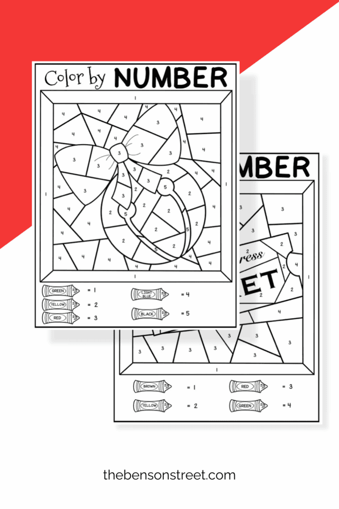 Two sheets of color by number coloring pages with the polar express