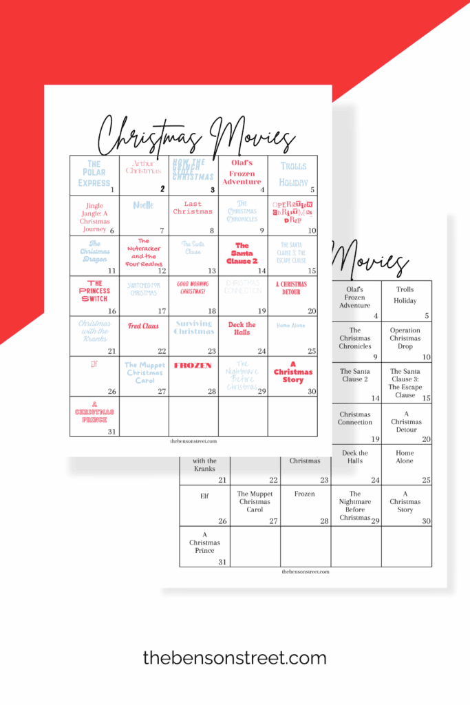 Two versions of a christmas movie calendar