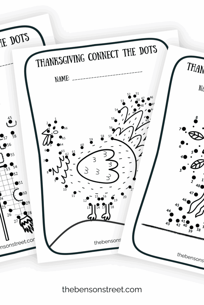 three dot to dot pages in a fanned out stack with a thanksgiving theme