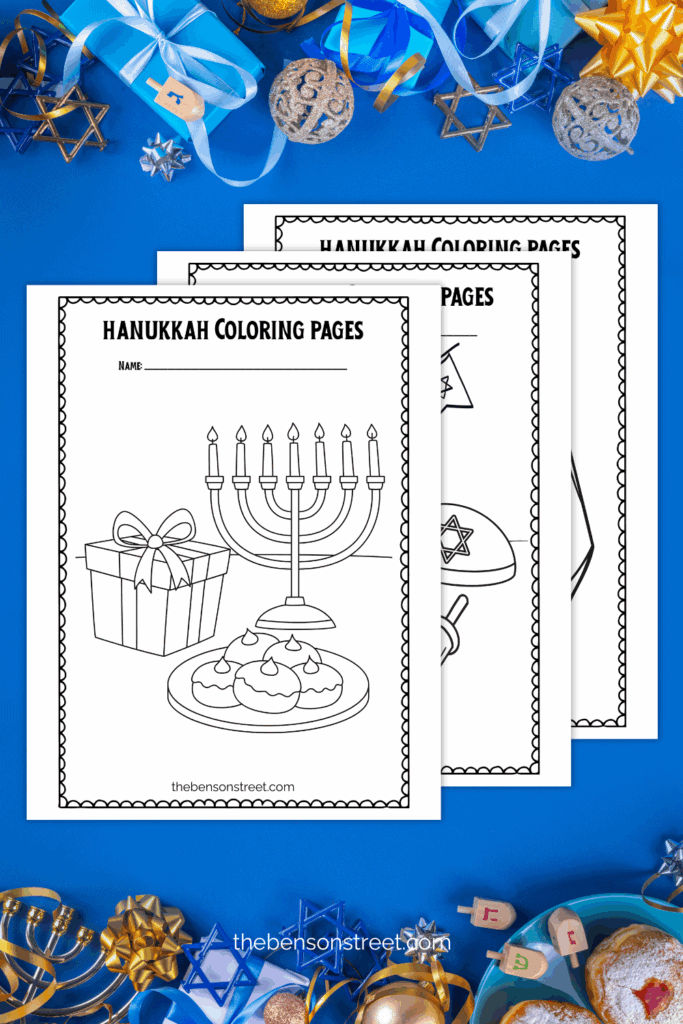 three printable hanukkah coloring pages on a blue background