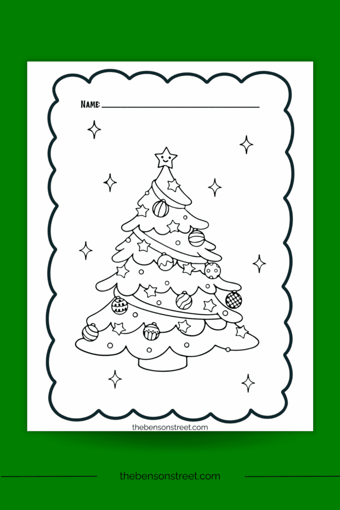 A Free coloring sheet with a christmas tree and ornaments to color in