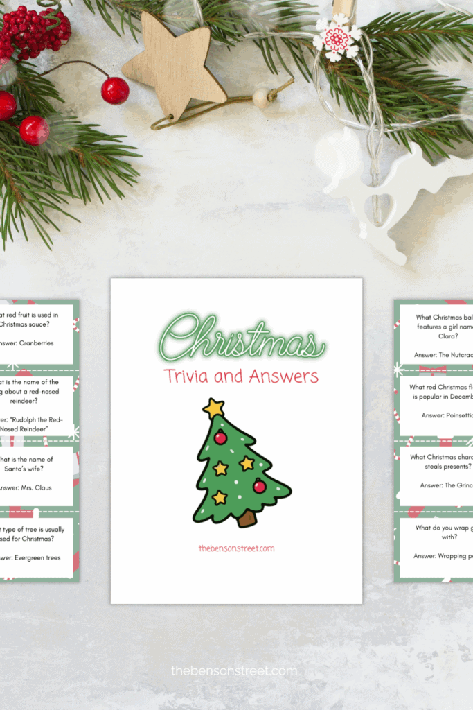 A flat lay with christmas trivia pages laid out on it with holiday decorations at the top