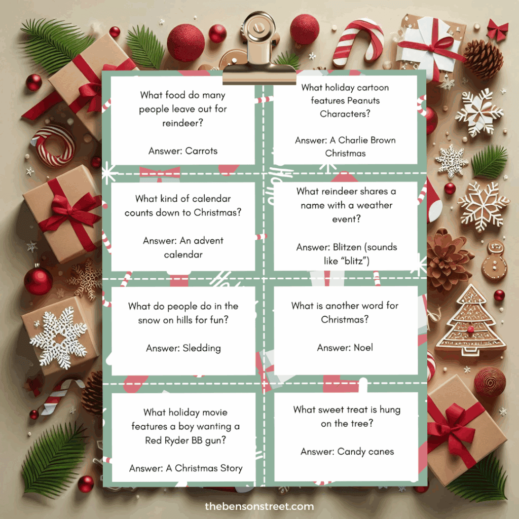 A page of Kids Christmas trivia cards on a clip
