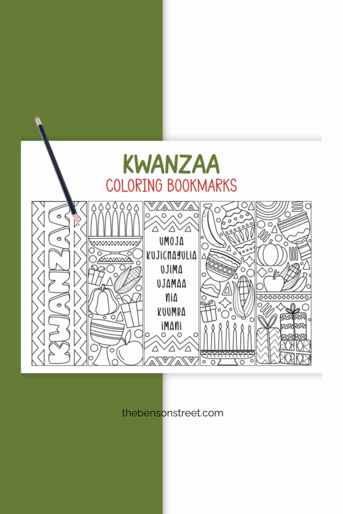 A sheet of printable kwanzaa coloring bookmarks with five designs 