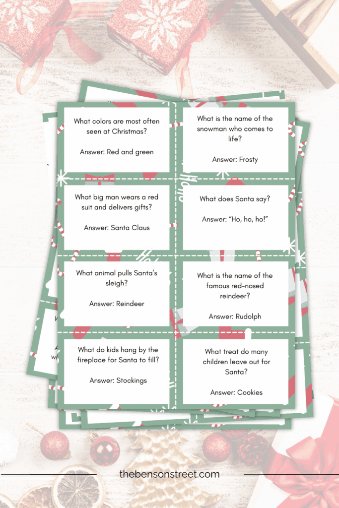 A stack of pages with Christmas Trivia cards on them