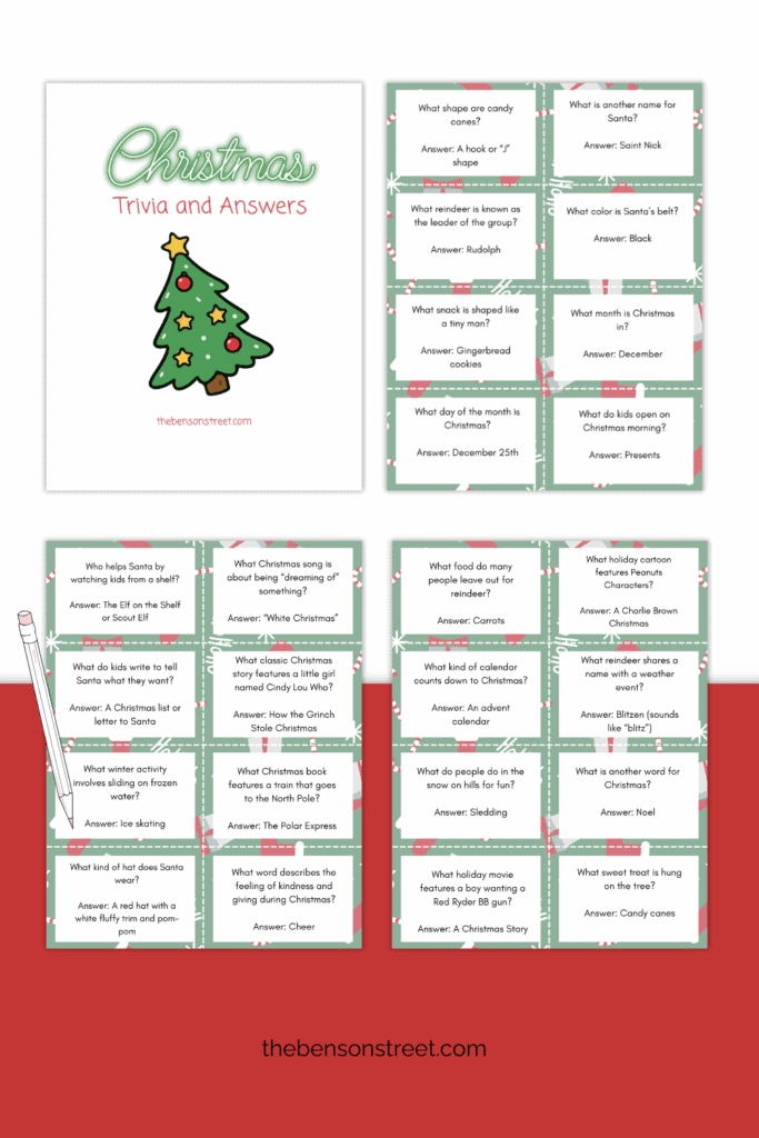 Christmas Trivia and Answers for families and kids four sheets and a pencil on top