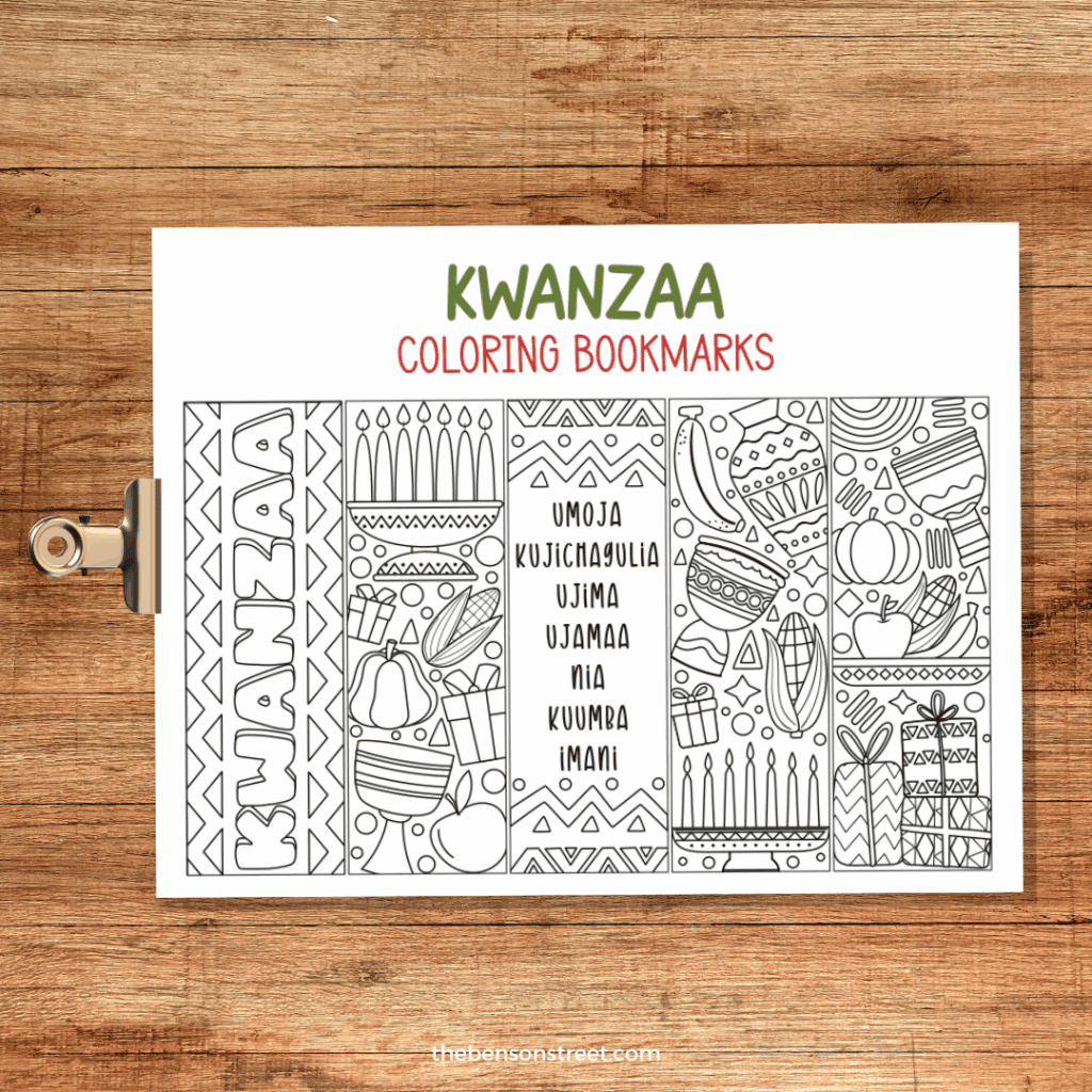 Clip with a sheet of coloring bookmarks featuring Kwanzaa Holiday items