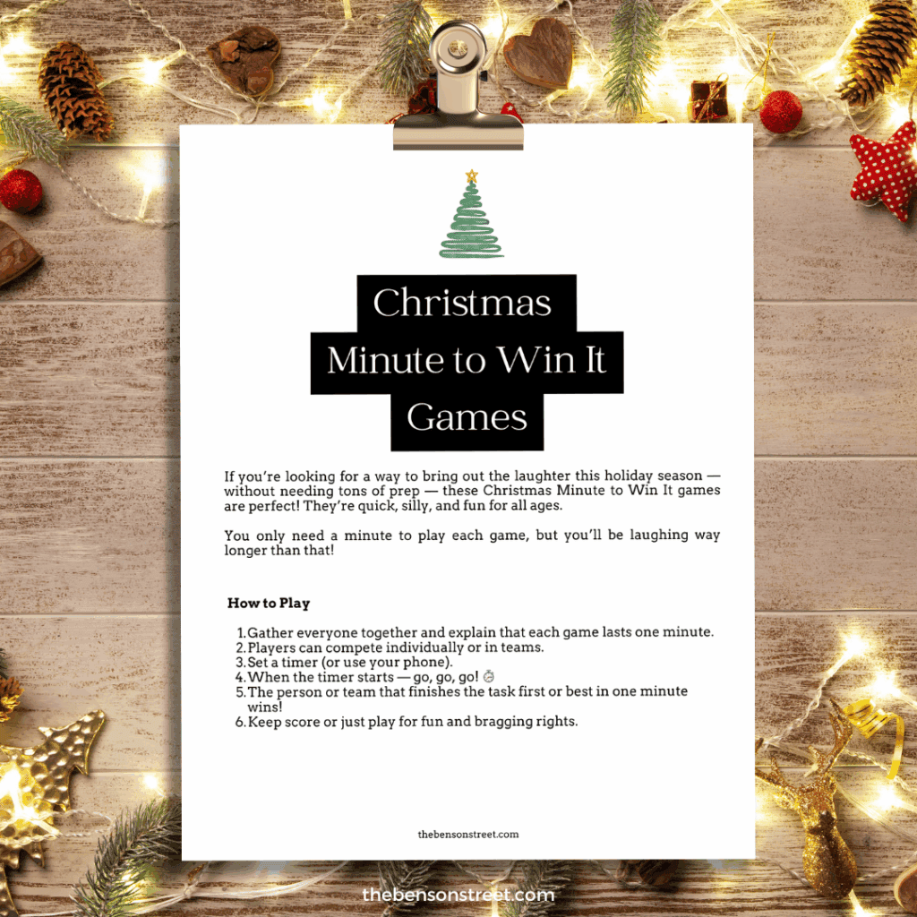 Clipboard with instructions for minute holiday games