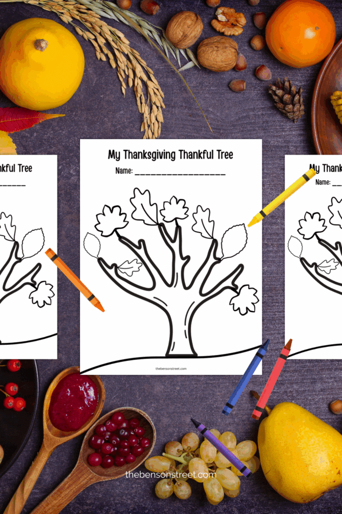 Crayons laying around a thanksgiving thankful tree page