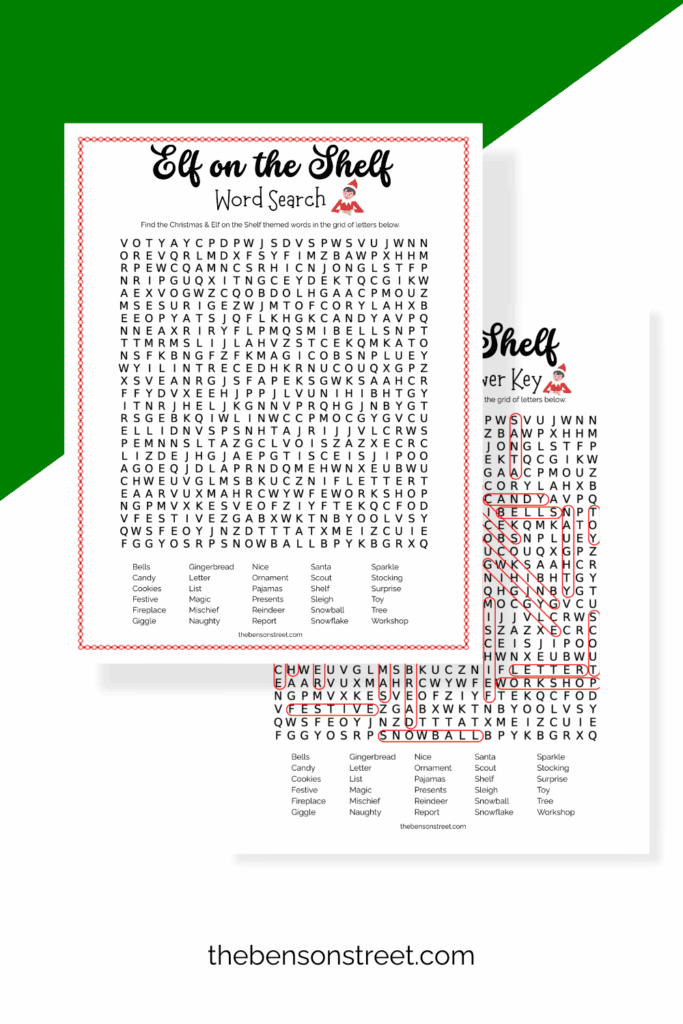 Elf on the Shelf word search with answer key printed out