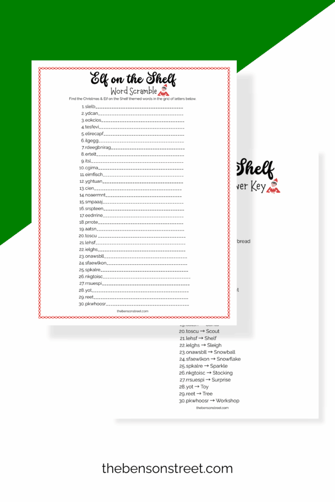 Elf on the shelf word scramble answer key and printable