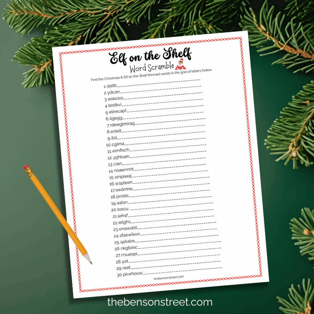 Elf on the shelf word scramble with a pencil on top ready to find the words