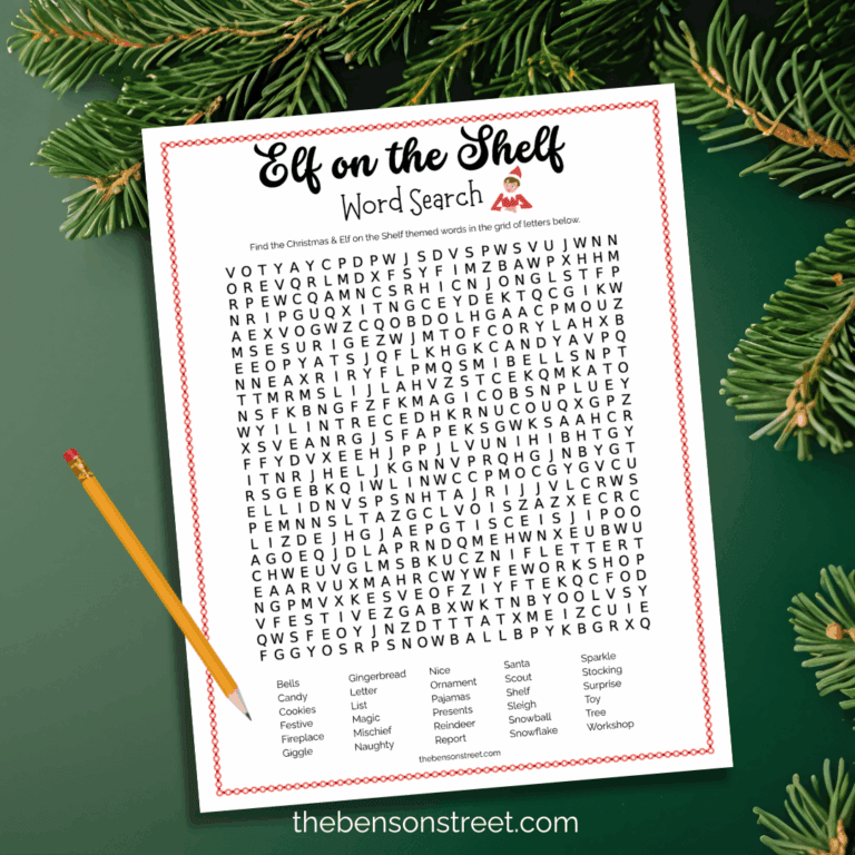 Elf on the shelf word search with a pencil on top ready to find the words