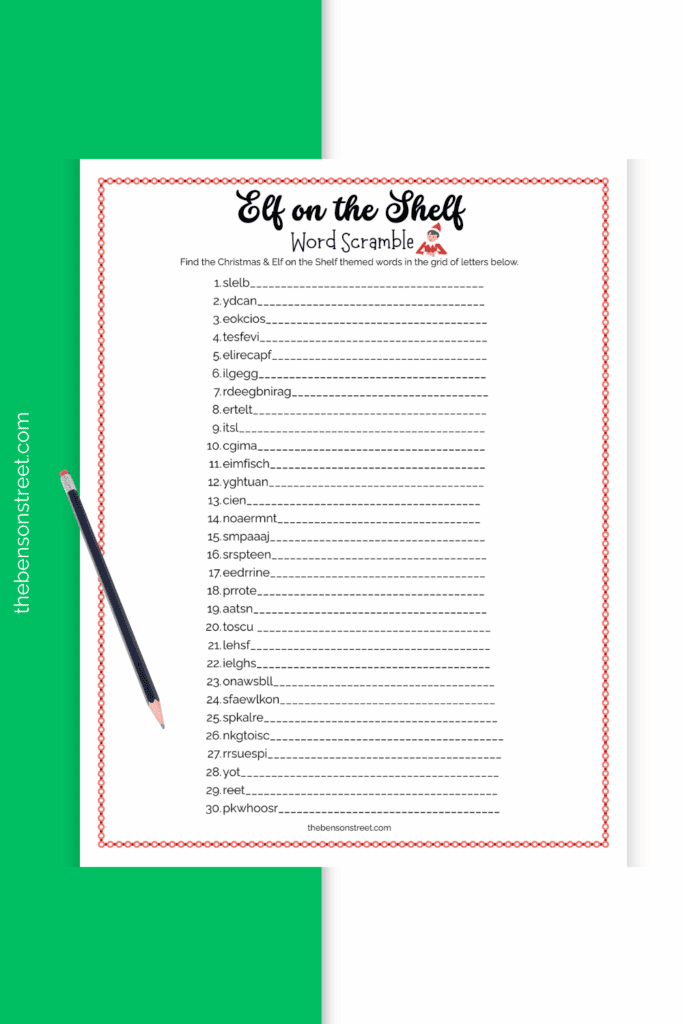 Elf themed word scramble with a pencil on top ready to solve