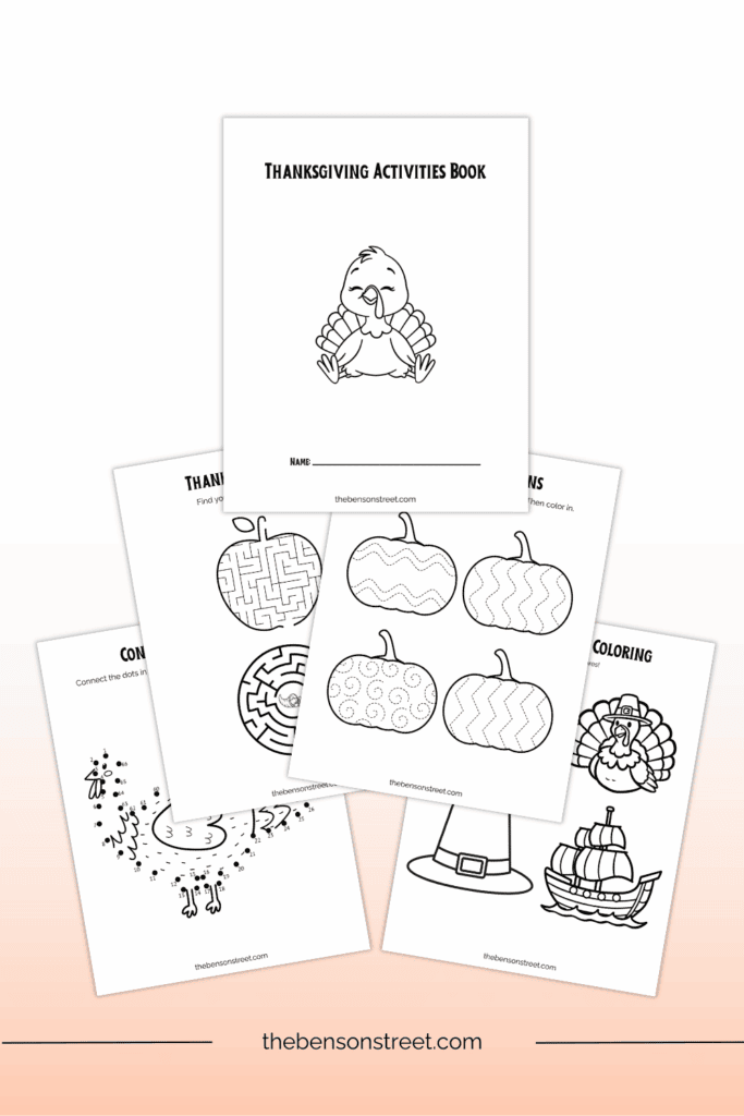 Five different preschool activity sheets in a staggered stack