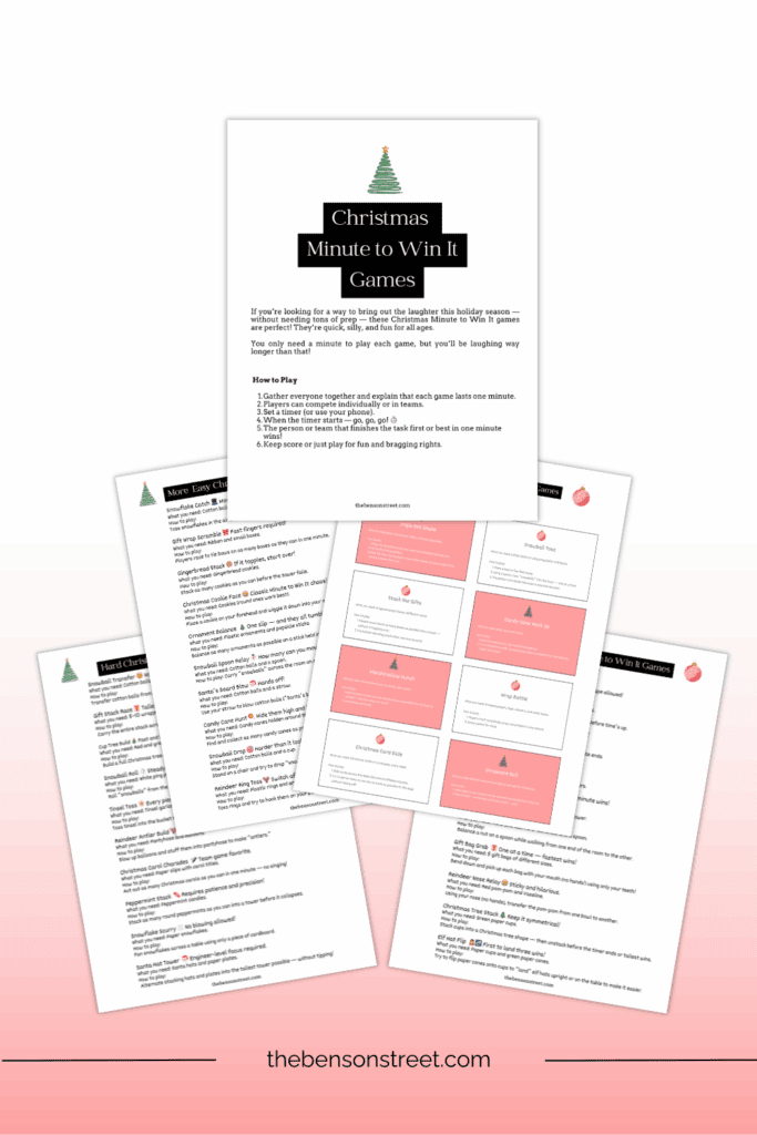 Five different sheets of Christmas minute games