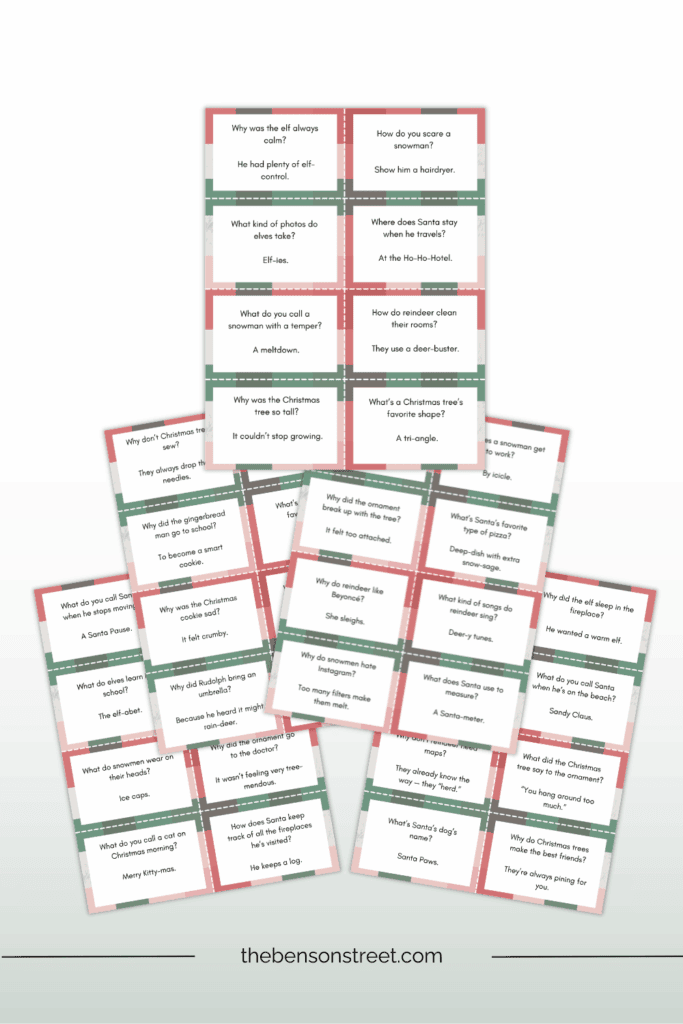 Five pages of joke and pun cards for kids at Christmas time