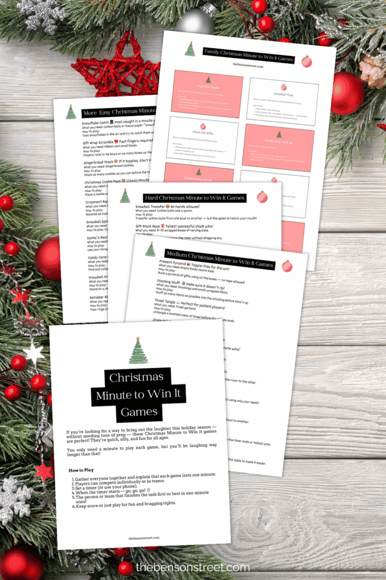 Five printed out sheets in a staggered stack with games for christmas parties