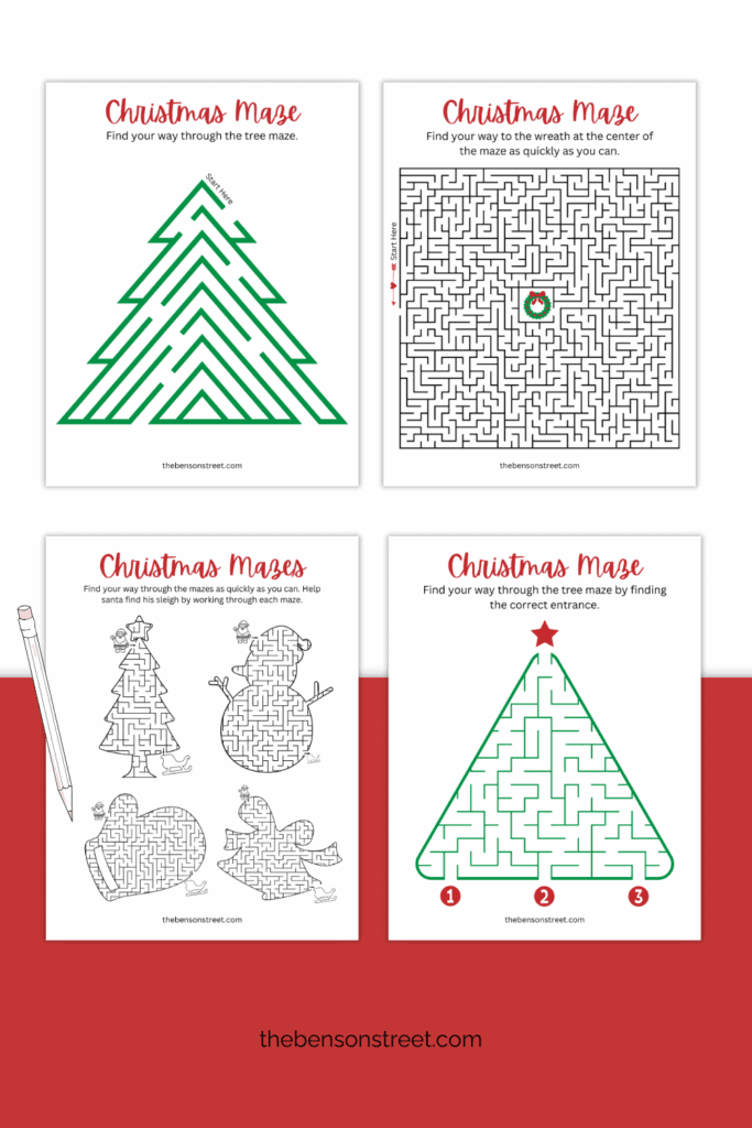Four pages of Christmas mazes in different shapes