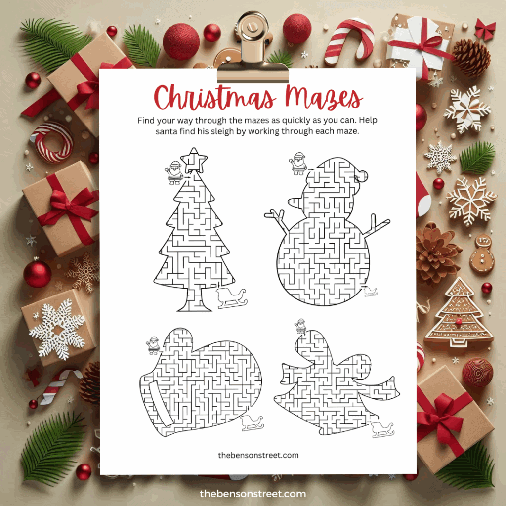 Free Printable Christmas Mazes Page on a clip