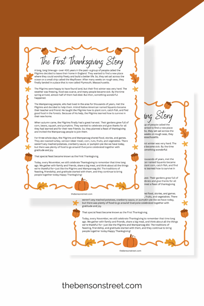 Free Printable Thanksgiving Story for Kids printed out with two copies