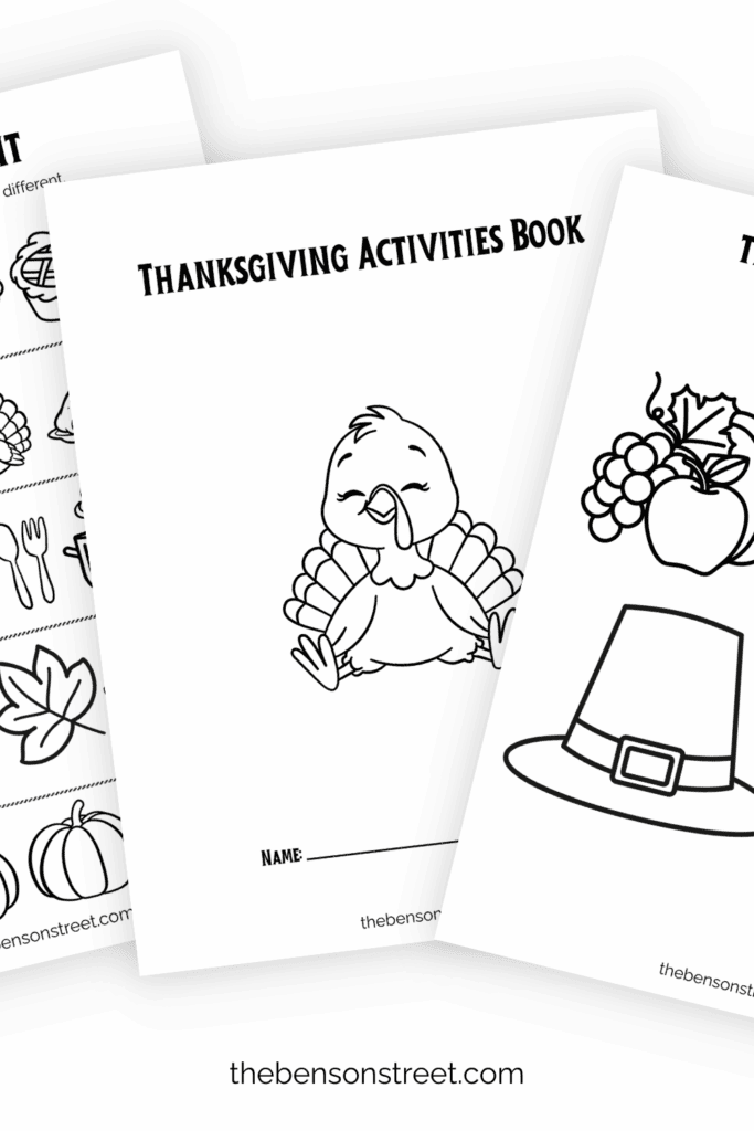 Free printable Thanksgiving preschool activities book with three fanned out pages