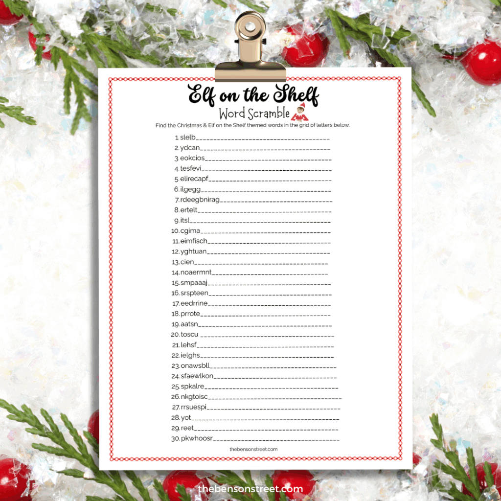 Free printable elf on the shelf word scramble game on a clip