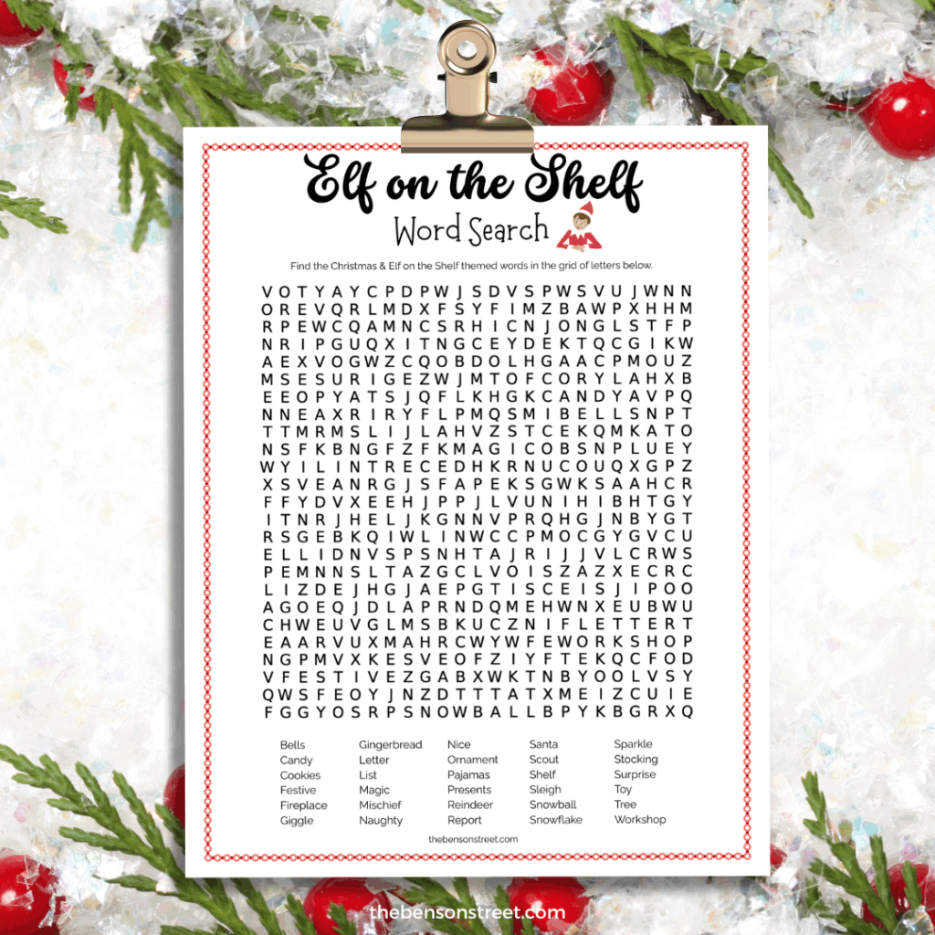 Free printable elf on the shelf word search game on a clip