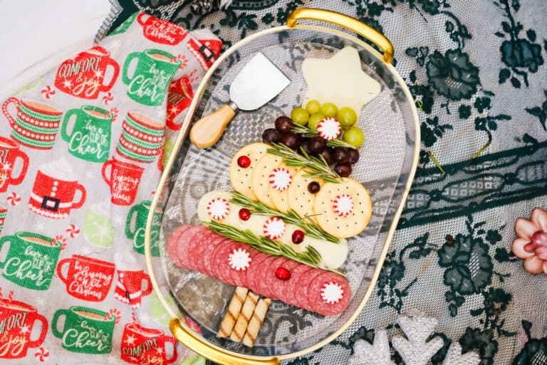 Meat and cheese layers for a cheese board appetizer for christmas