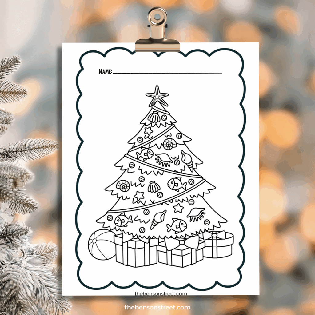 Ocean themed christmas tree coloring page on a clip