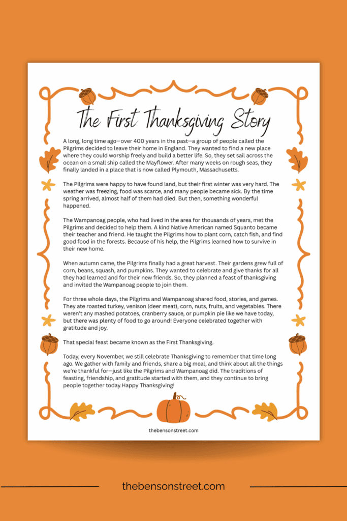 One sheet story of the origin of thanksgiving on an orange background