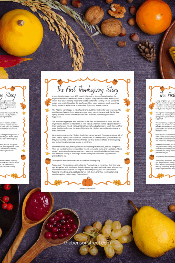 Printable story of the first thanksgiving on a fall background
