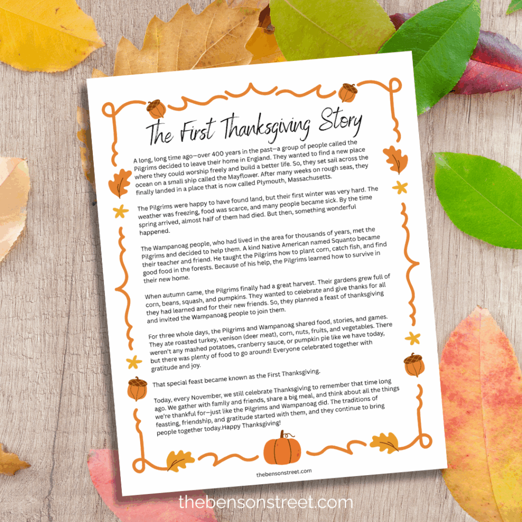 Printed out first thanksgiving story on a table with leaves around it