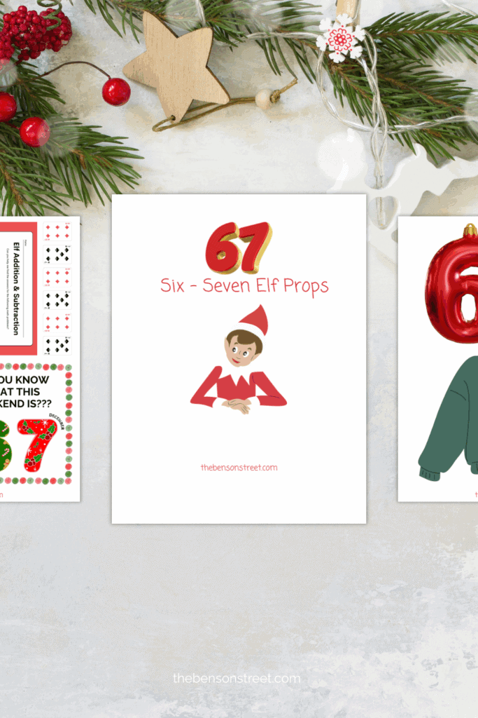 Sheets of printable elf props on a christmas flat lay